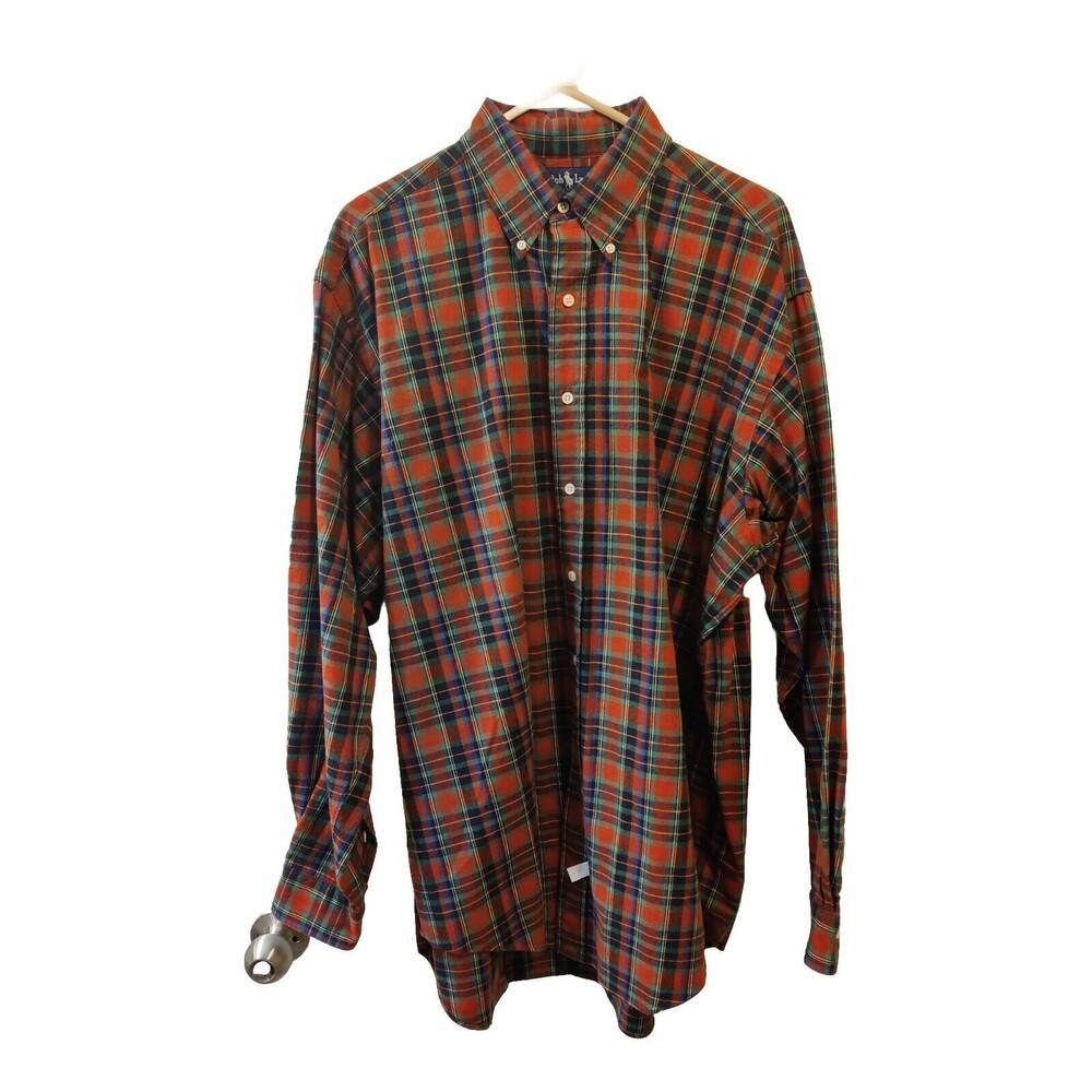 Ralph Lauren Men's Size Large Red Plaid Flannel Long Sleeve Shirt 100% Cotton